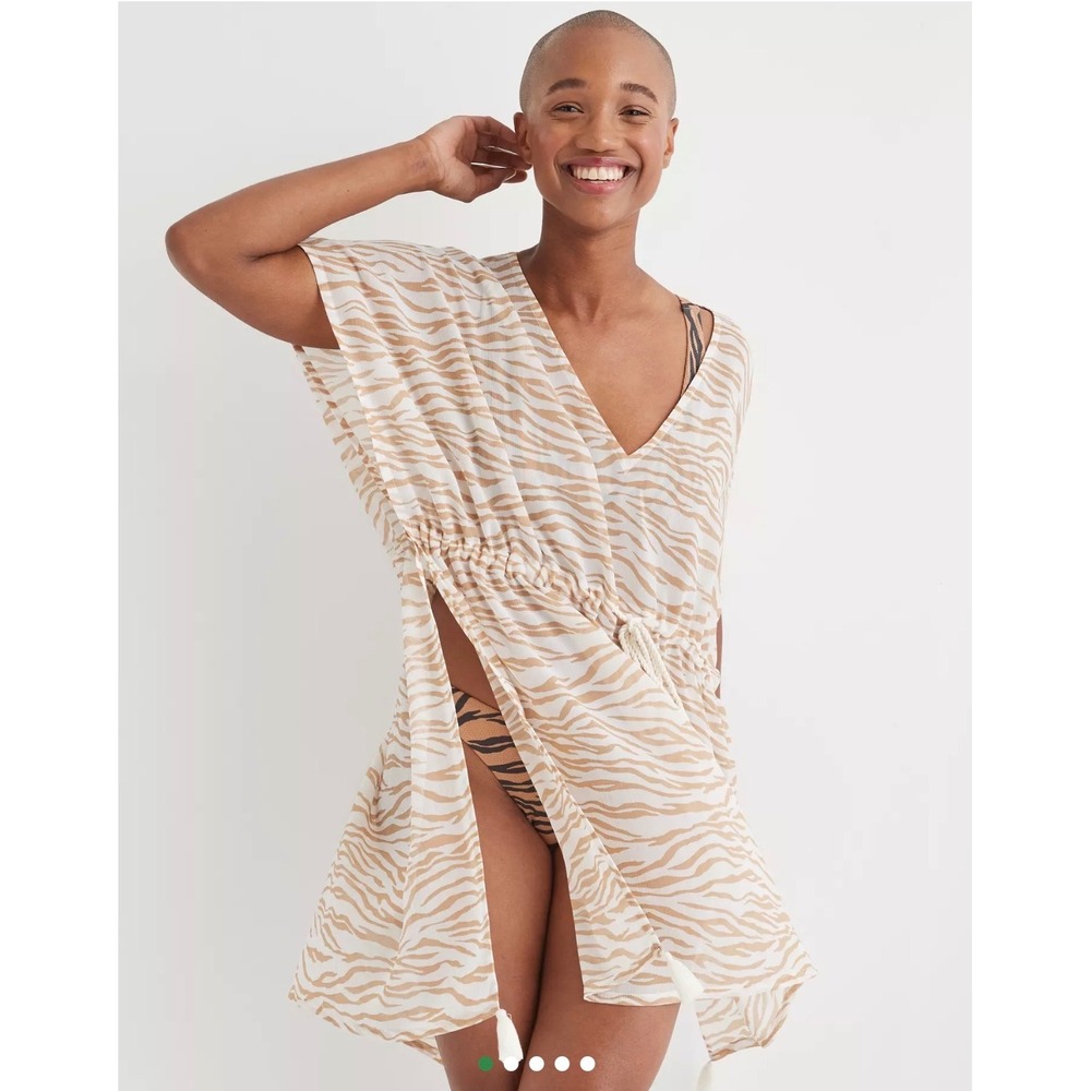 Aerie Chiffon Coverup Tan Zebra Print Swim V-Neck Tassel‎ Drawstring XS/S